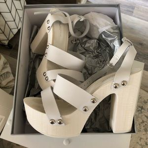 NIB white wood and leather strappy heels